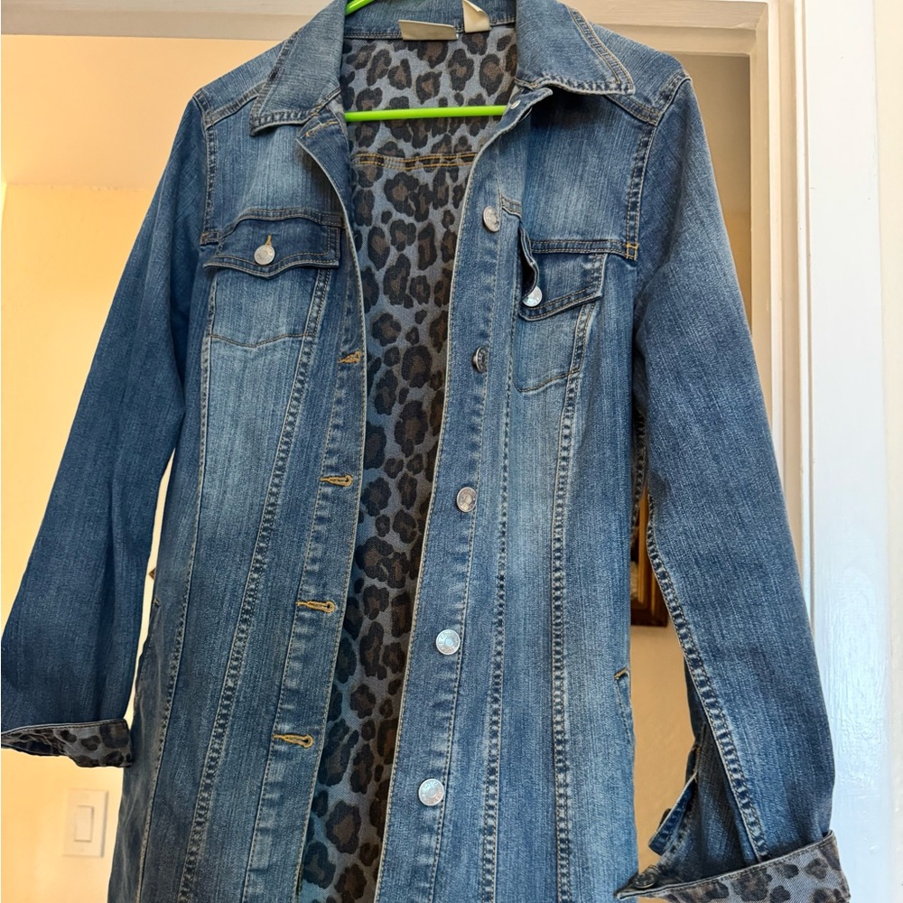 Chico's Blue Denim Jacket with Leopard Lining